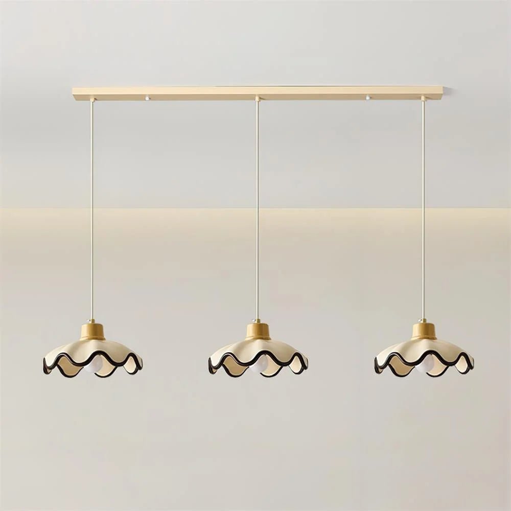 Scalloped pendant light featuring an adjustable height design and wood accent, ideal for dimmable kitchen island lighting. 9