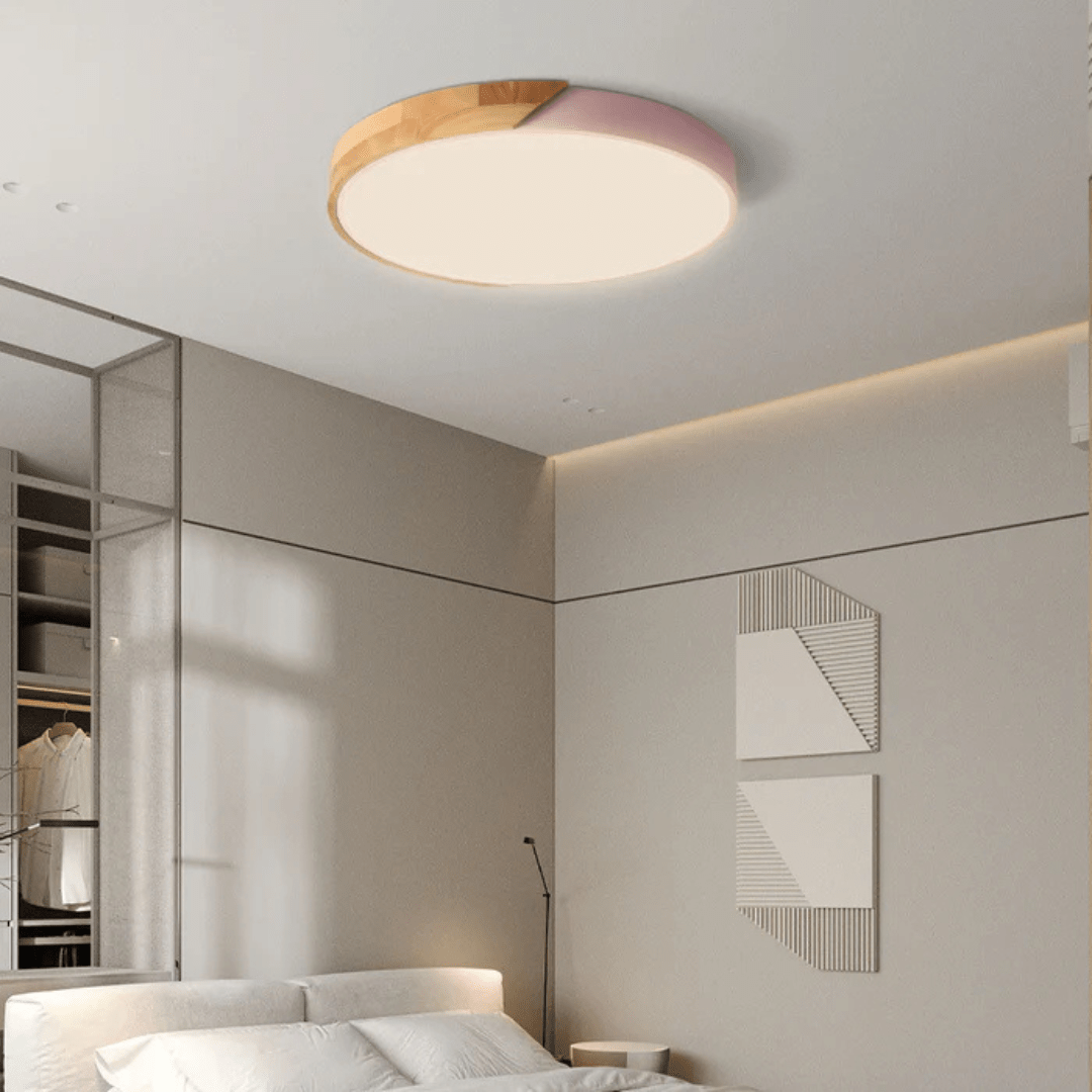 Scandinavian LED ceiling lamp featuring a minimalist design, crafted with a combination of wood and metal, perfect for modern home decor and flush mounting. 6