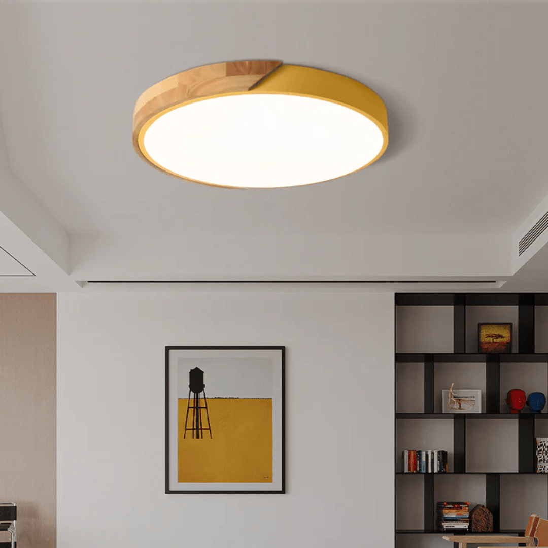 Scandinavian LED ceiling lamp featuring a minimalist design, crafted with a combination of wood and metal, perfect for modern home decor and flush mounting. 5