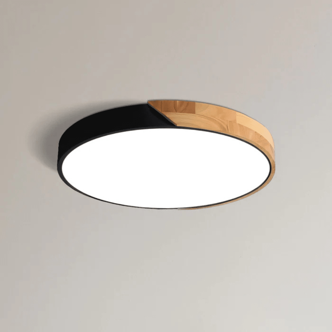 Scandinavian LED ceiling lamp featuring a minimalist design, crafted with a combination of wood and metal, perfect for modern home decor and flush mounting. 12