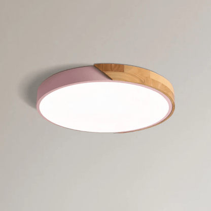 Scandinavian LED ceiling lamp featuring a minimalist design, crafted with a combination of wood and metal, perfect for modern home decor and flush mounting. 11