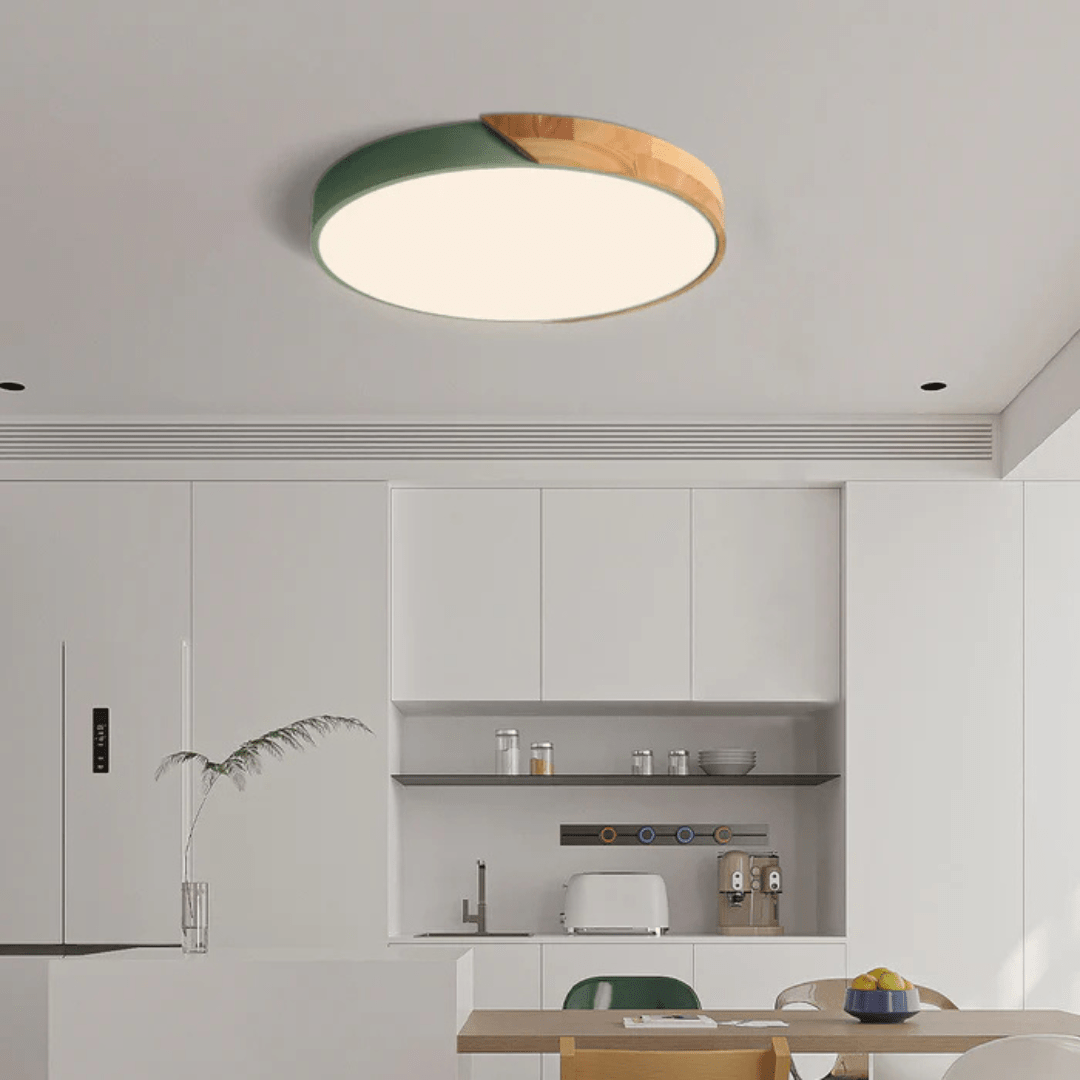 Scandinavian LED ceiling lamp featuring a minimalist design, crafted with a combination of wood and metal, perfect for modern home decor and flush mounting. 4