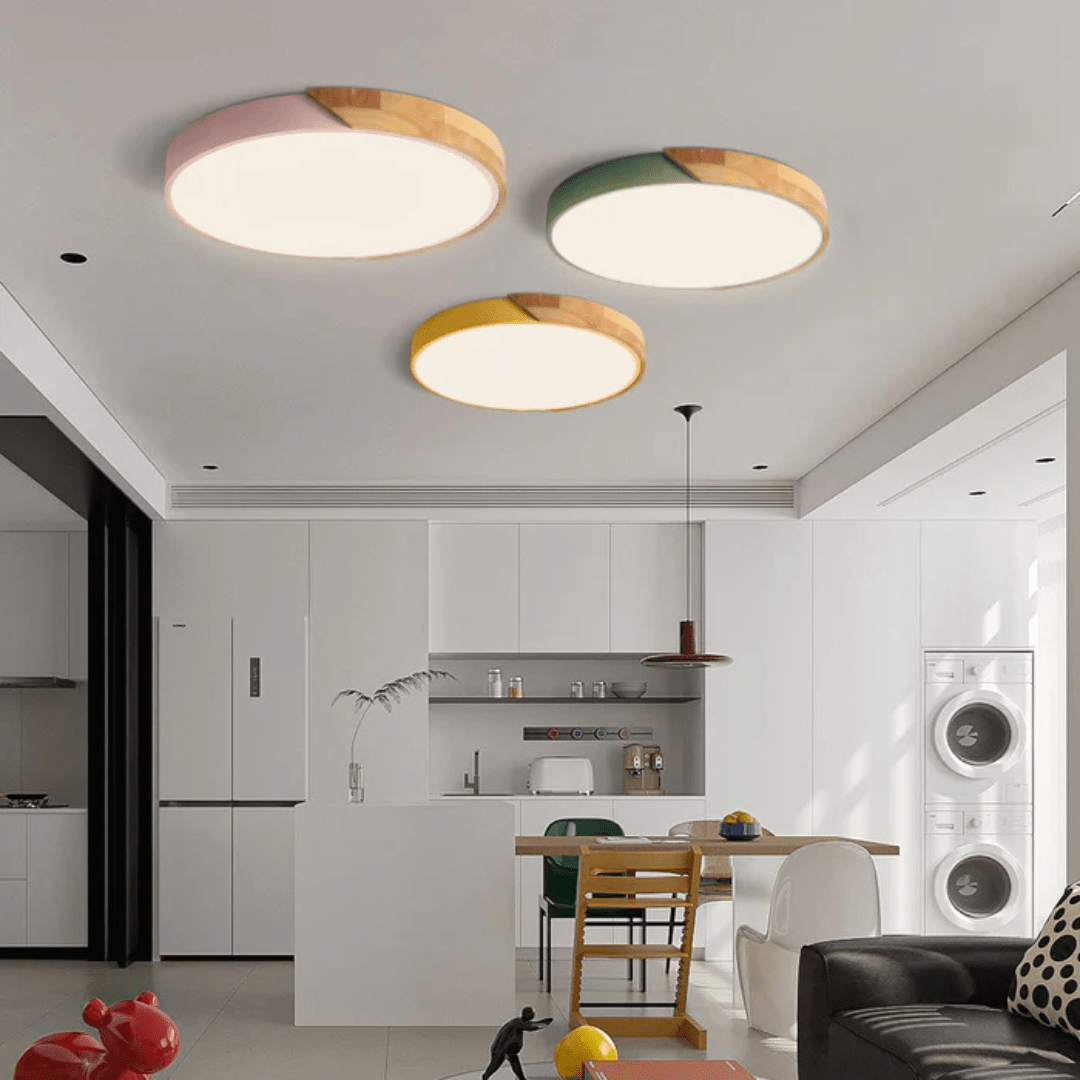 Scandinavian LED ceiling lamp featuring a minimalist design, crafted with a combination of wood and metal, perfect for modern home decor and flush mounting. 1