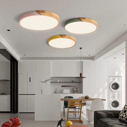 Scandinavian LED ceiling lamp featuring a minimalist design, crafted with a combination of wood and metal, perfect for modern home decor and flush mounting. 1