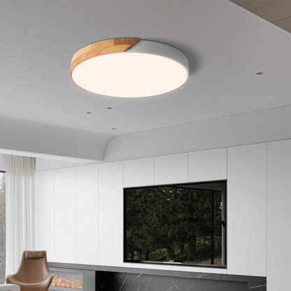 Scandinavian LED ceiling lamp featuring a minimalist design, crafted with a combination of wood and metal, perfect for modern home decor and flush mounting. 7