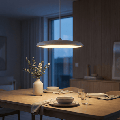 Scandinavian LED pendant light designed for dining tables, featuring a minimalist style and warm white illumination for a cozy atmosphere. 2