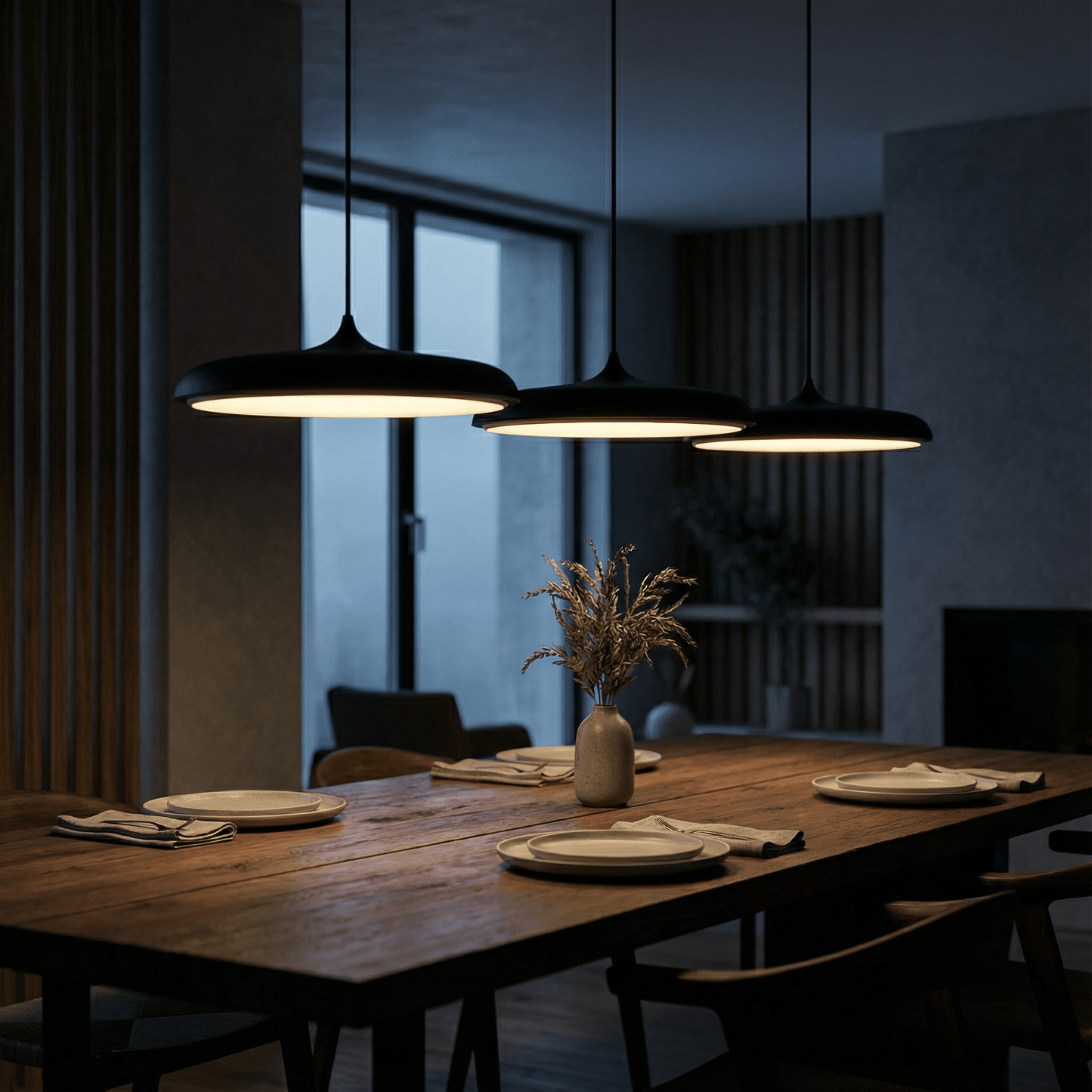 Scandinavian LED pendant light designed for dining tables, featuring a minimalist style and warm white illumination for a cozy atmosphere. 1