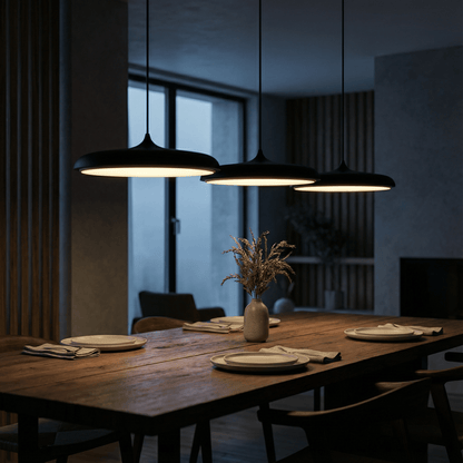 Scandinavian LED pendant light designed for dining tables, featuring a minimalist style and warm white illumination for a cozy atmosphere. 1