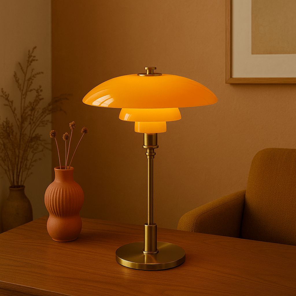 Scandinavian table lamp featuring a minimalist iron and glass design, 28cm diameter, with adjustable dimmable LED lighting for a cozy ambiance. 2