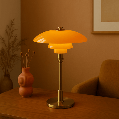 Scandinavian table lamp featuring a minimalist iron and glass design, 28cm diameter, with adjustable dimmable LED lighting for a cozy ambiance. 2