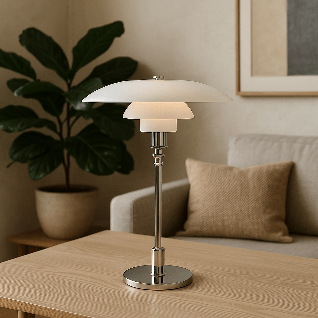 Scandinavian table lamp featuring a minimalist iron and glass design, 28cm diameter, with adjustable dimmable LED lighting for a cozy ambiance. 3