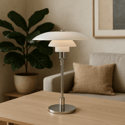Scandinavian table lamp featuring a minimalist iron and glass design, 28cm diameter, with adjustable dimmable LED lighting for a cozy ambiance. 3