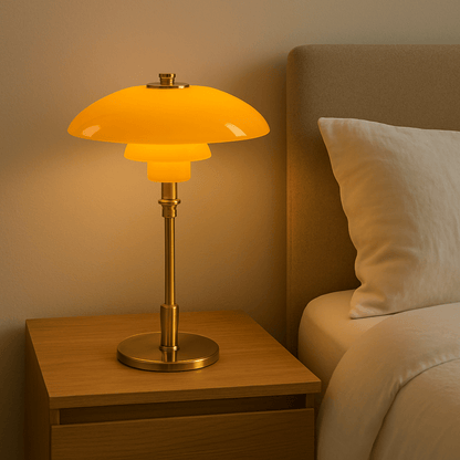 Scandinavian table lamp featuring a minimalist iron and glass design, 28cm diameter, with adjustable dimmable LED lighting for a cozy ambiance. 7