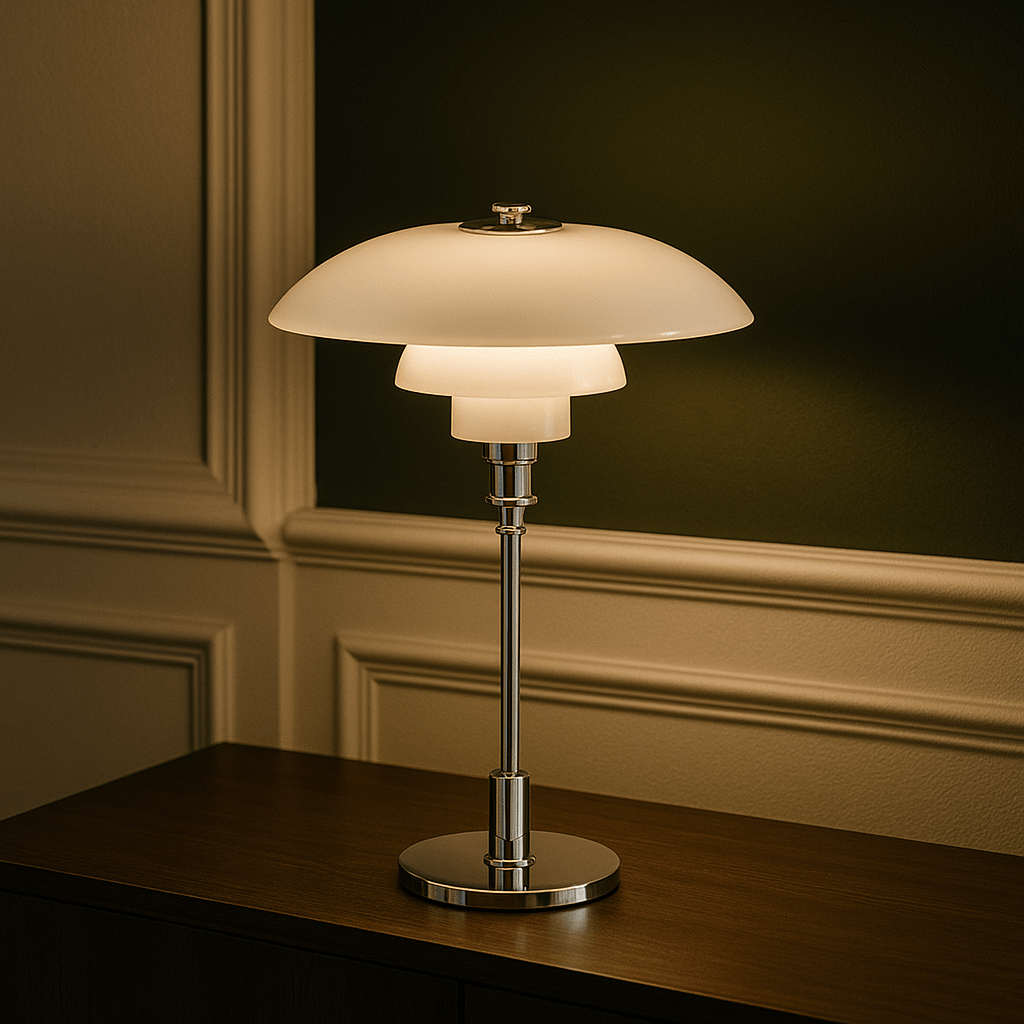 Scandinavian table lamp featuring a minimalist iron and glass design, 28cm diameter, with adjustable dimmable LED lighting for a cozy ambiance. 1