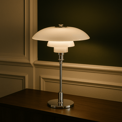 Scandinavian table lamp featuring a minimalist iron and glass design, 28cm diameter, with adjustable dimmable LED lighting for a cozy ambiance. 1