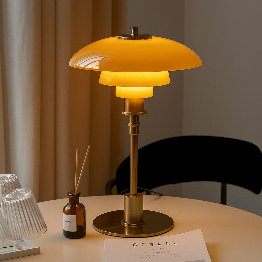 Scandinavian table lamp featuring a minimalist iron and glass design, 28cm diameter, with adjustable dimmable LED lighting for a cozy ambiance. 0
