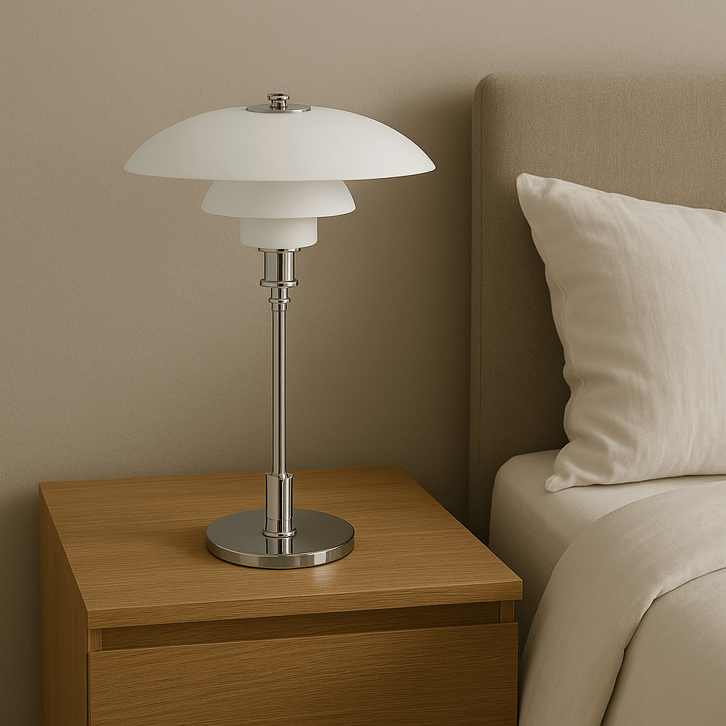 Scandinavian table lamp featuring a minimalist iron and glass design, 28cm diameter, with adjustable dimmable LED lighting for a cozy ambiance. 5