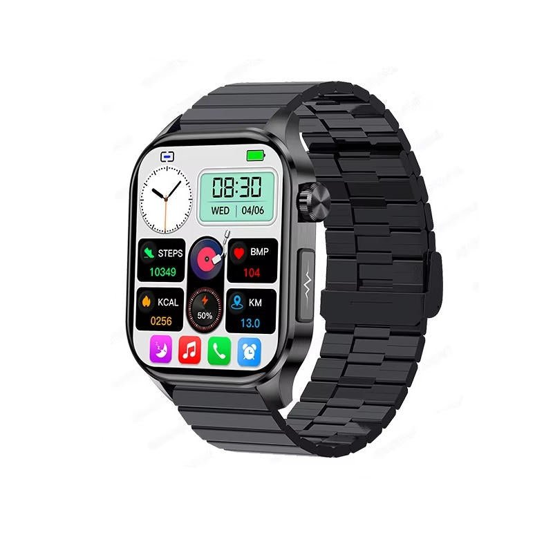 Senior smartwatch featuring a 2.04 AMOLED display, health monitoring capabilities, emergency SOS function, Bluetooth calling, and waterproof design, ideal for seniors' 10