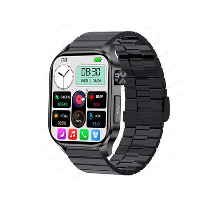 Senior smartwatch featuring a 2.04 AMOLED display, health monitoring capabilities, emergency SOS function, Bluetooth calling, and waterproof design, ideal for seniors' 10