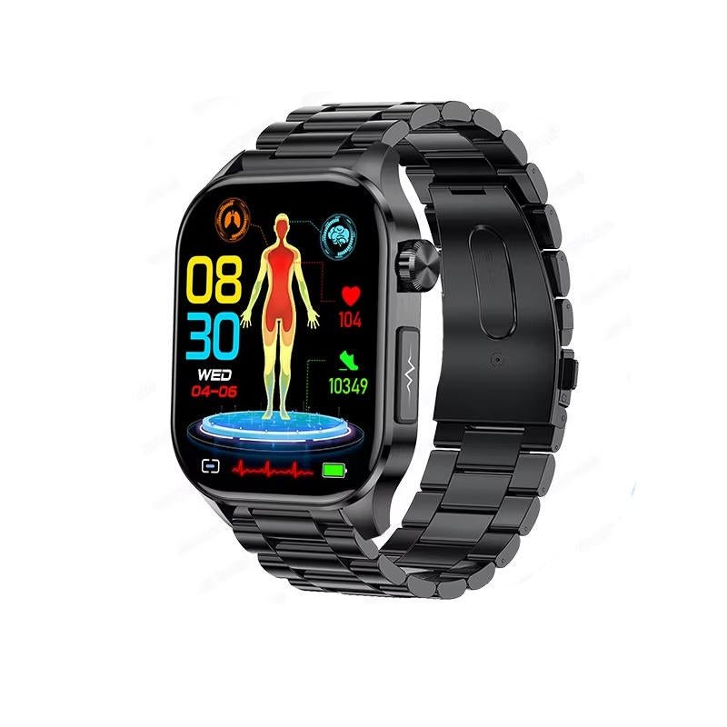 Senior smartwatch featuring a 2.04 AMOLED display, health monitoring capabilities, emergency SOS function, Bluetooth calling, and waterproof design, ideal for seniors' 12