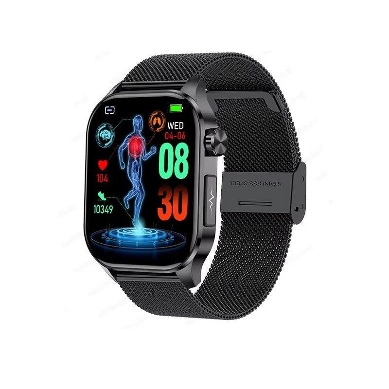 Senior smartwatch featuring a 2.04 AMOLED display, health monitoring capabilities, emergency SOS function, Bluetooth calling, and waterproof design, ideal for seniors' 9
