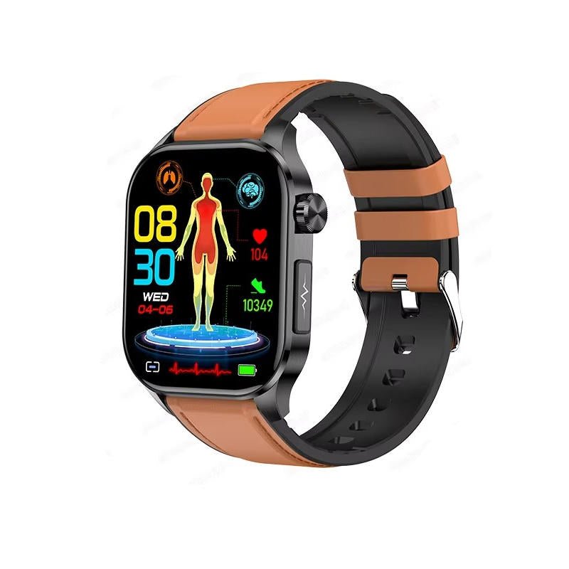 Senior smartwatch featuring a 2.04 AMOLED display, health monitoring capabilities, emergency SOS function, Bluetooth calling, and waterproof design, ideal for seniors' 11