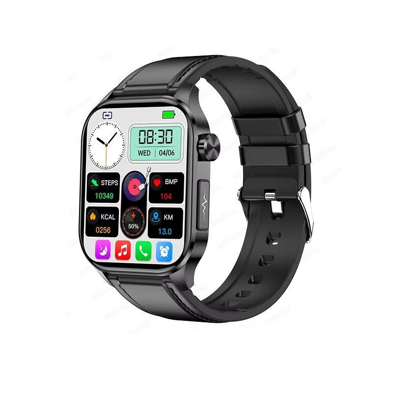 Senior smartwatch featuring a 2.04 AMOLED display, health monitoring capabilities, emergency SOS function, Bluetooth calling, and waterproof design, ideal for seniors' 8
