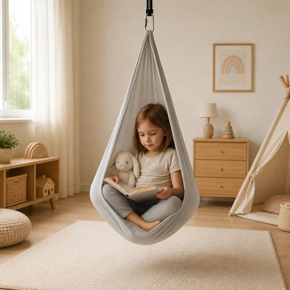 Sensory therapy swing designed for indoor relaxation, featuring a durable and comfortable construction that provides a soothing experience for users. 3