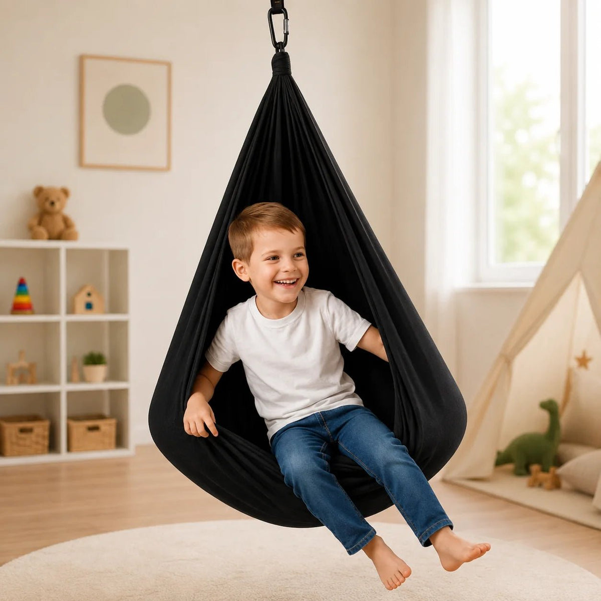 Sensory therapy swing designed for indoor relaxation, featuring a durable and comfortable construction that provides a soothing experience for users. 4
