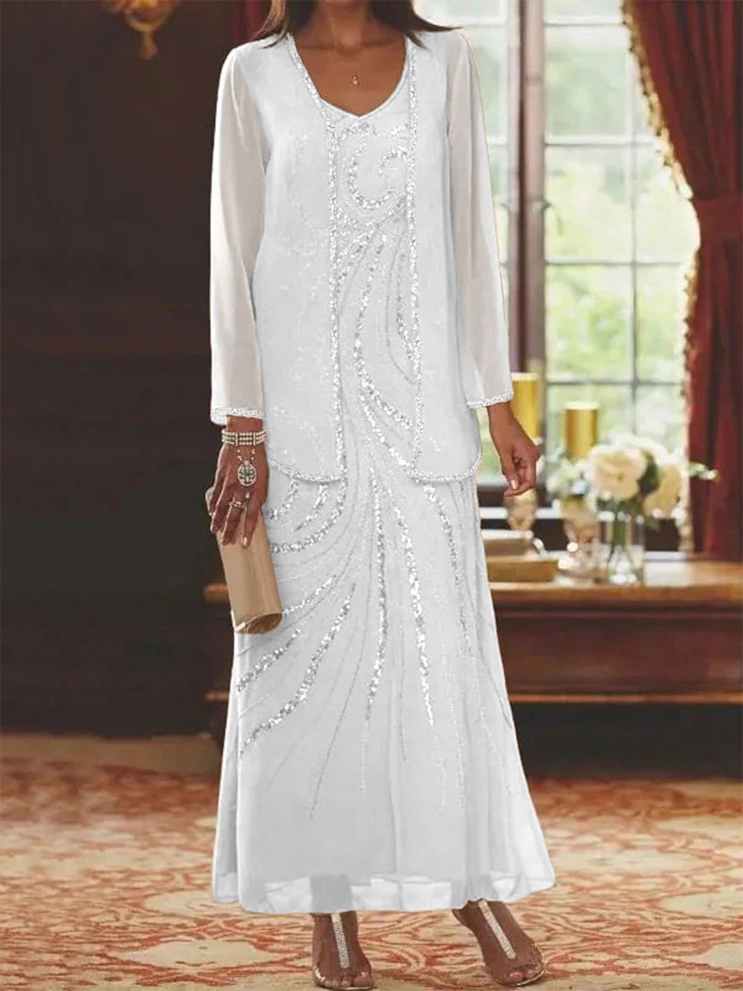 Elegant sheath mother of the bride dress featuring a sequined jacket, V-neck design, and ankle-length chiffon gown, perfect for formal weddings. 39