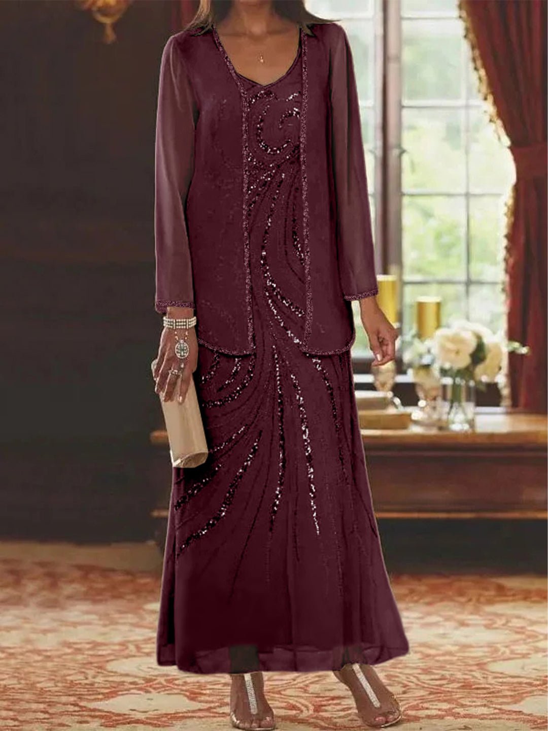 Elegant sheath mother of the bride dress featuring a sequined jacket, V-neck design, and ankle-length chiffon gown, perfect for formal weddings. 12