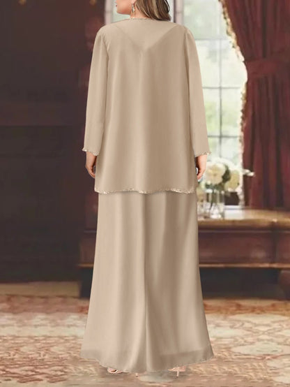 Elegant sheath mother of the bride dress featuring a sequined jacket, V-neck design, and ankle-length chiffon gown, perfect for formal weddings. 1