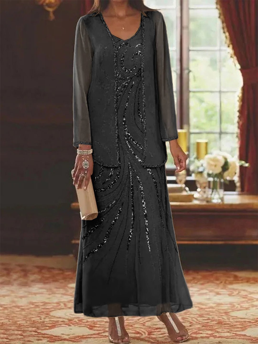 Elegant sheath mother of the bride dress featuring a sequined jacket, V-neck design, and ankle-length chiffon gown, perfect for formal weddings. 63