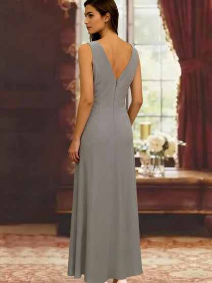 Elegant sheath mother of the bride dress featuring a sequined jacket, V-neck design, and ankle-length chiffon gown, perfect for formal weddings. 2