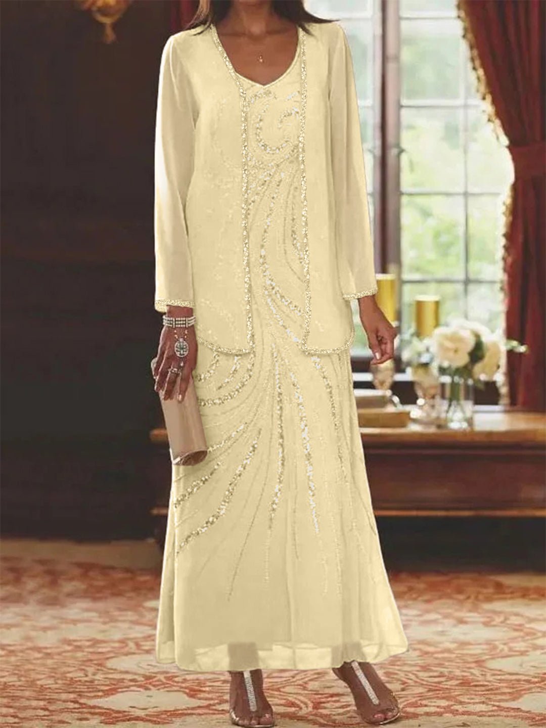 Elegant sheath mother of the bride dress featuring a sequined jacket, V-neck design, and ankle-length chiffon gown, perfect for formal weddings. 44
