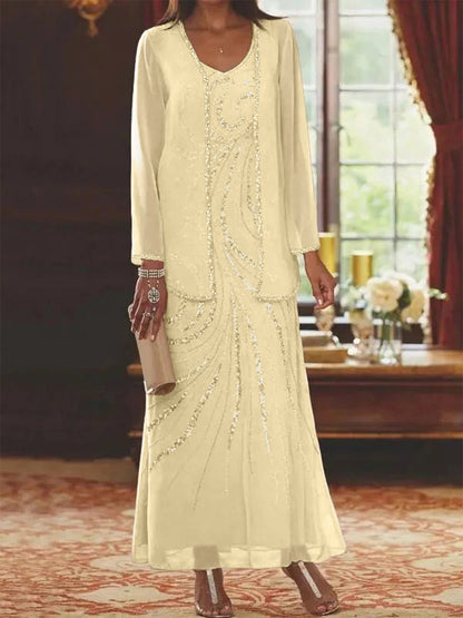 Elegant sheath mother of the bride dress featuring a sequined jacket, V-neck design, and ankle-length chiffon gown, perfect for formal weddings. 44