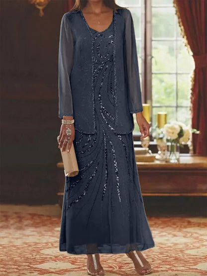 Elegant sheath mother of the bride dress featuring a sequined jacket, V-neck design, and ankle-length chiffon gown, perfect for formal weddings. 40