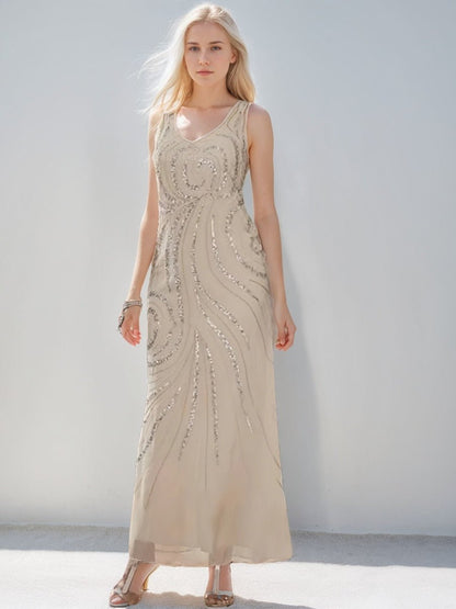 Elegant sheath mother of the bride dress featuring a sequined jacket, V-neck design, and ankle-length chiffon gown, perfect for formal weddings. 7