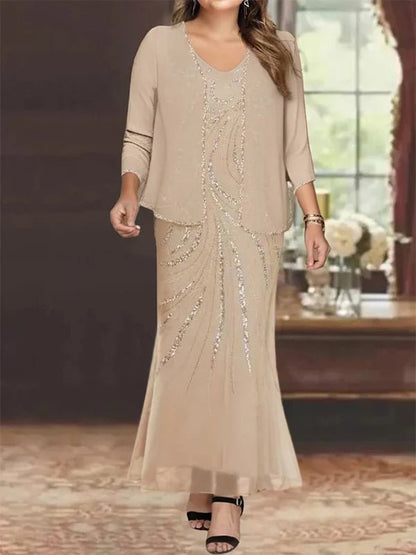 Elegant sheath mother of the bride dress featuring a sequined jacket, V-neck design, and ankle-length chiffon gown, perfect for formal weddings. 3