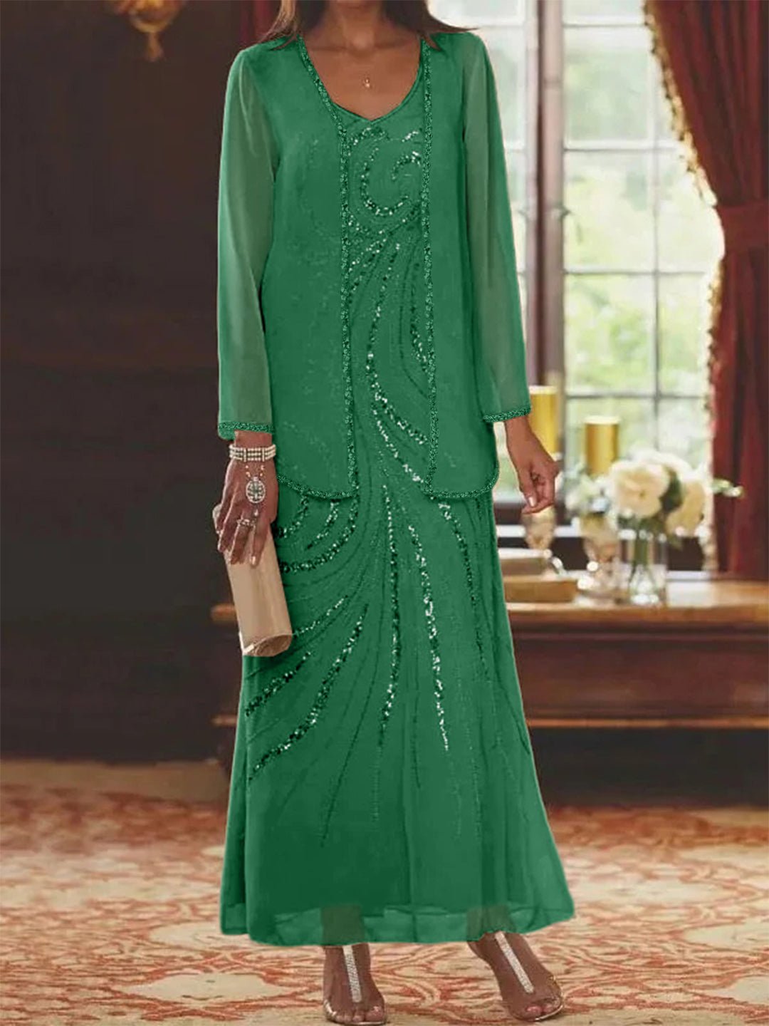 Elegant sheath mother of the bride dress featuring a sequined jacket, V-neck design, and ankle-length chiffon gown, perfect for formal weddings. 32