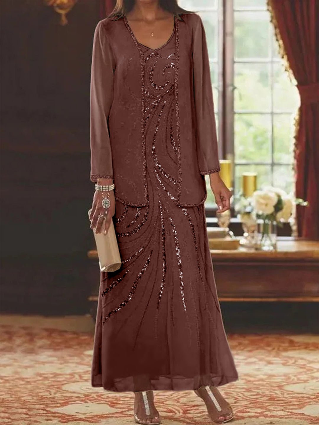 Elegant sheath mother of the bride dress featuring a sequined jacket, V-neck design, and ankle-length chiffon gown, perfect for formal weddings. 68