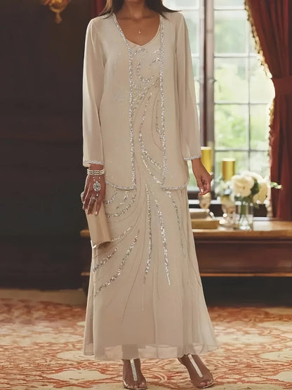 Elegant sheath mother of the bride dress featuring a sequined jacket, V-neck design, and ankle-length chiffon gown, perfect for formal weddings. 0