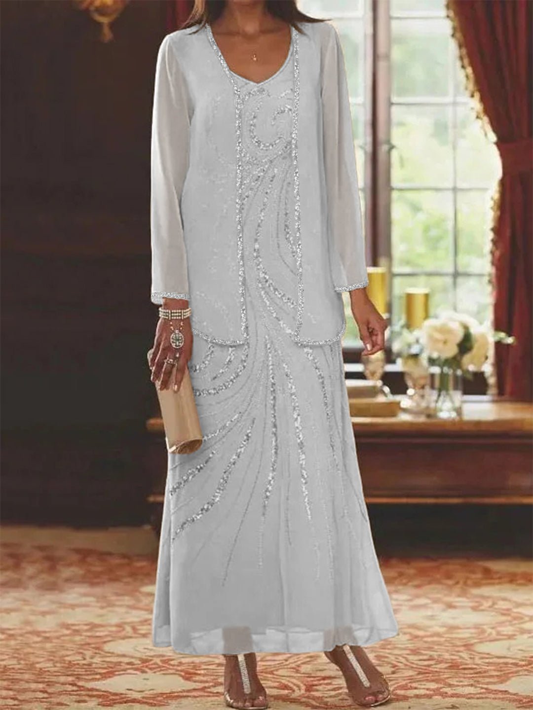Elegant sheath mother of the bride dress featuring a sequined jacket, V-neck design, and ankle-length chiffon gown, perfect for formal weddings. 71