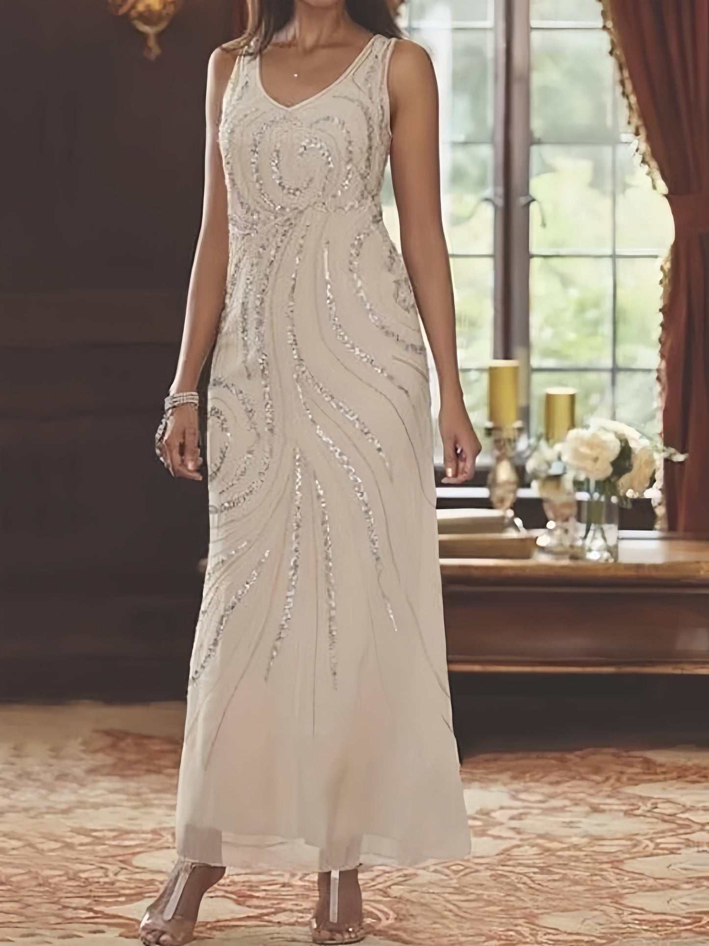 Elegant sheath mother of the bride dress featuring a sequined jacket, V-neck design, and ankle-length chiffon gown, perfect for formal weddings. 5
