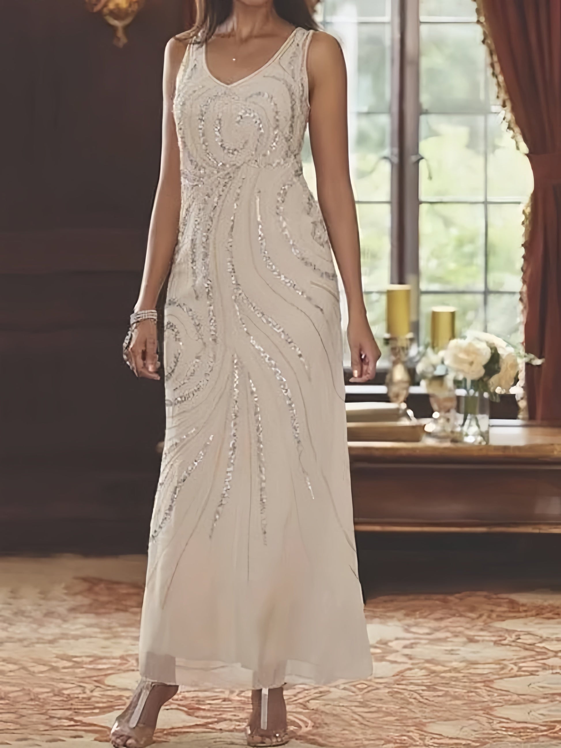 Elegant sheath mother of the bride dress featuring a sequined jacket, V-neck design, and ankle-length chiffon gown, perfect for formal weddings. 5