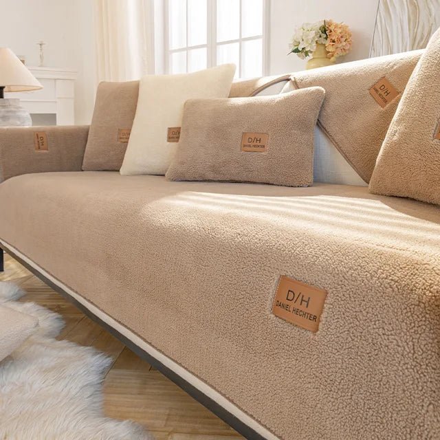 Sherpa fleece sofa cover with non-slip design, providing easy-clean, lint-resistant protection for couches in a cozy living room setting. 1