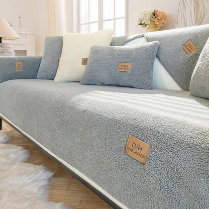 Sherpa fleece sofa cover with non-slip design, providing easy-clean, lint-resistant protection for couches in a cozy living room setting. 2