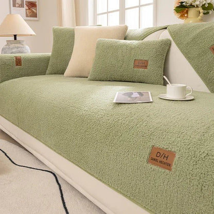 Sherpa fleece sofa cover with non-slip design, providing easy-clean, lint-resistant protection for couches in a cozy living room setting. 5