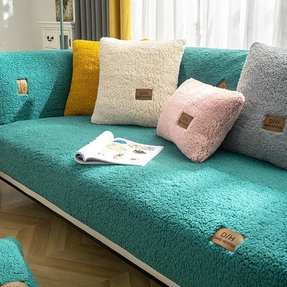Sherpa fleece sofa cover with non-slip design, providing easy-clean, lint-resistant protection for couches in a cozy living room setting. 7