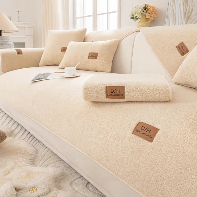 Sherpa fleece sofa cover with non-slip design, providing easy-clean, lint-resistant protection for couches in a cozy living room setting. 3